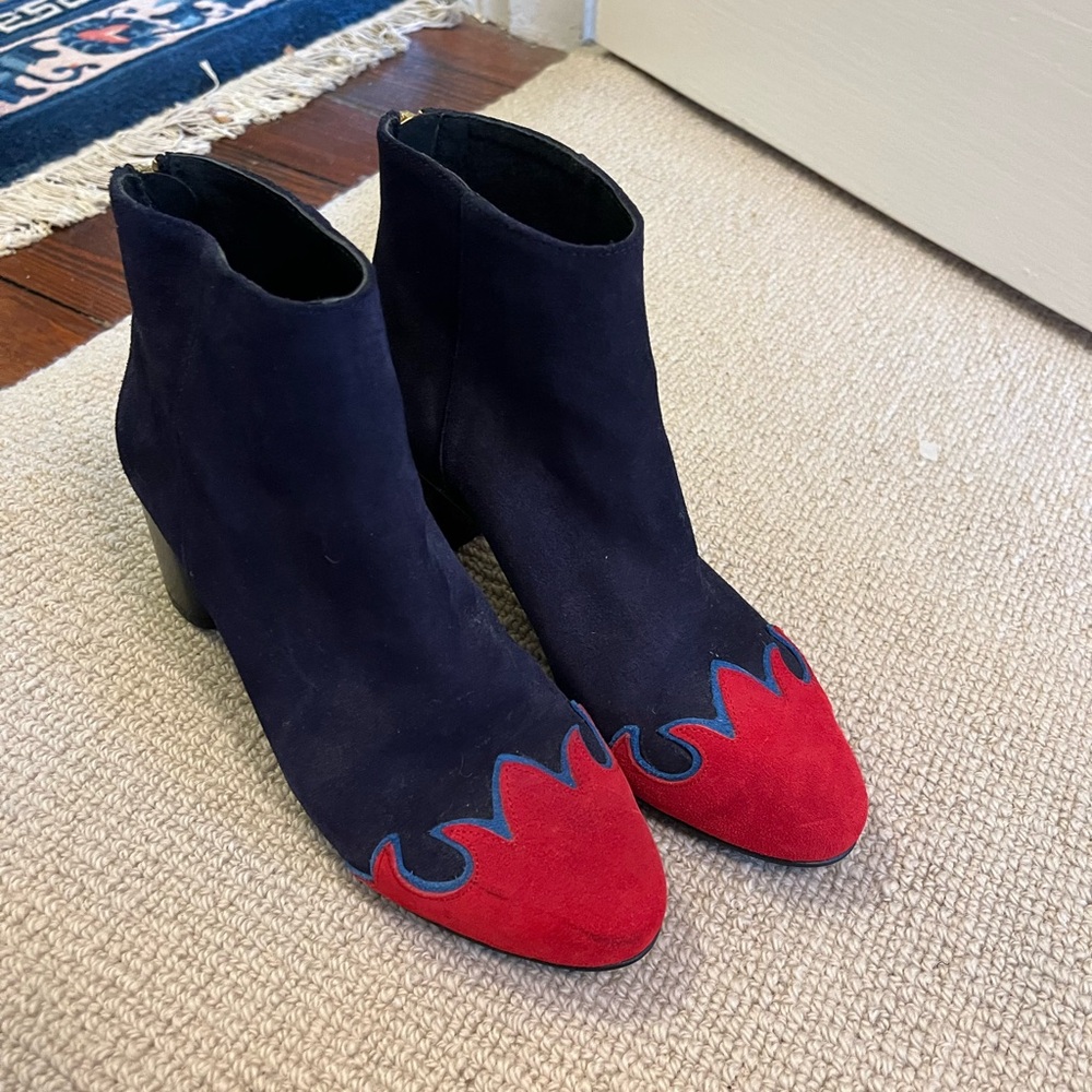 Free People Adele Suede Flame Ankle Boots (Red and Navy), Size 38 (US 7.5)